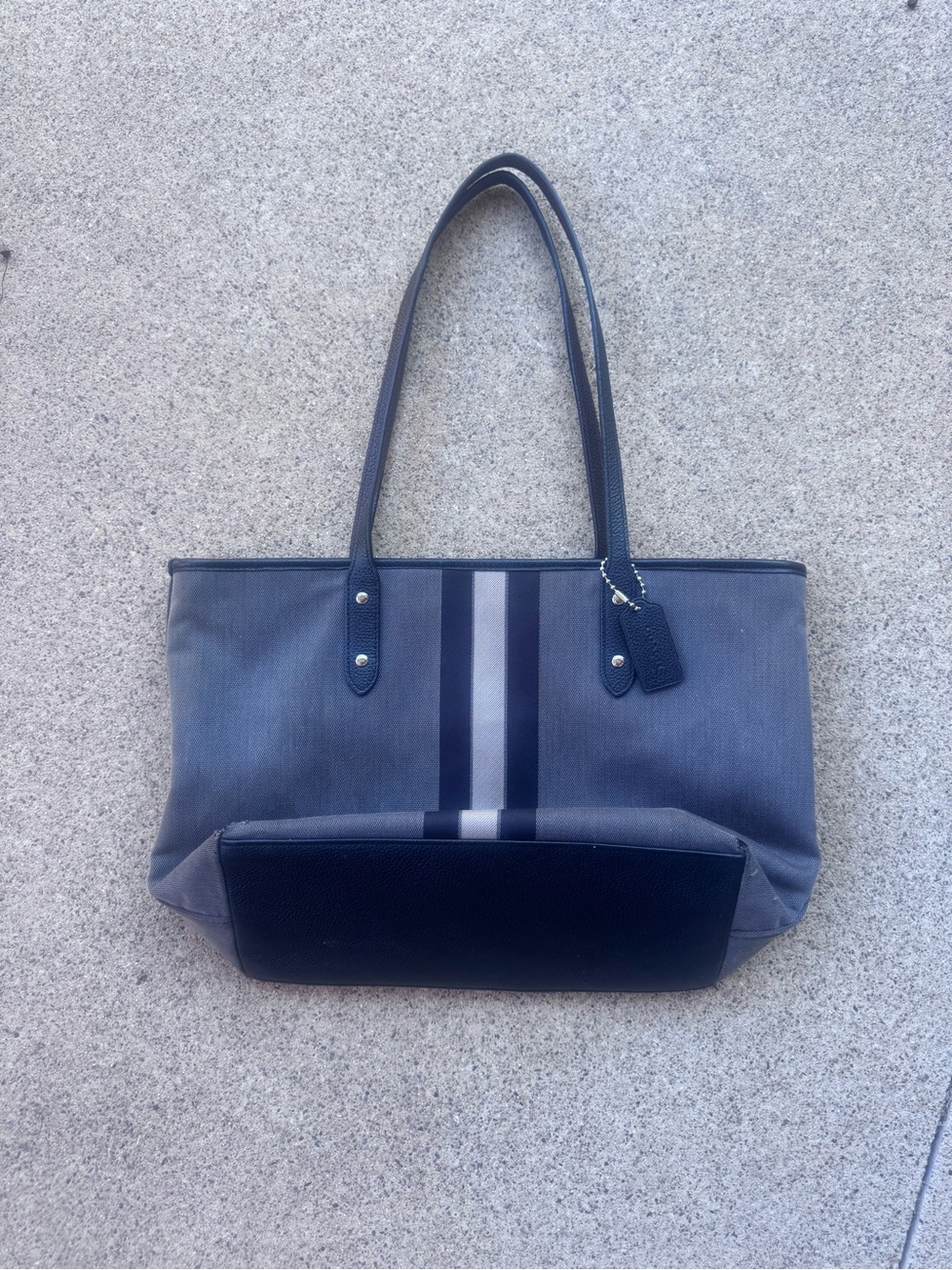 Coach Gray and Black Canvas Stripe Tote with Leather Handles - Picture 2 of 6